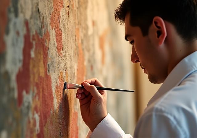Restauratore al lavoro su un antico affresco in una suite dell'hotel