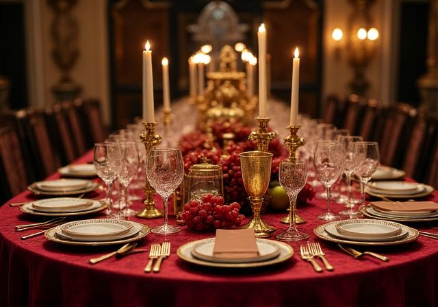 Tavola imbandita in stile rinascimentale con calici d'oro e frutta
